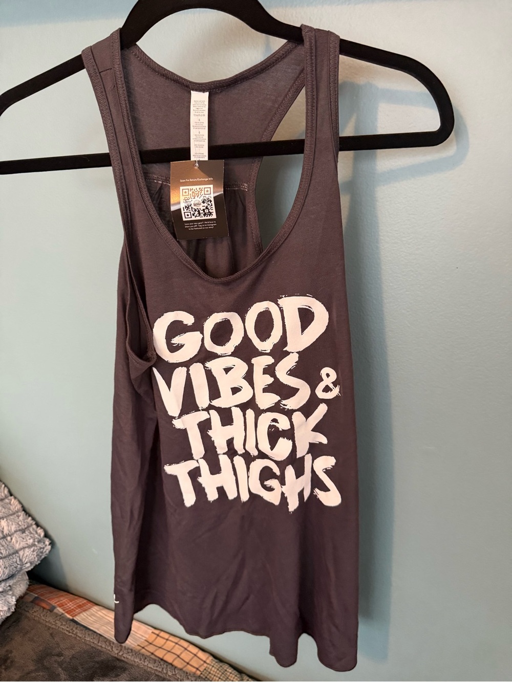 NWT - Barbells Graphic Racerback Tank - 'Good Vibes & Thick Thighs' - Charcoal